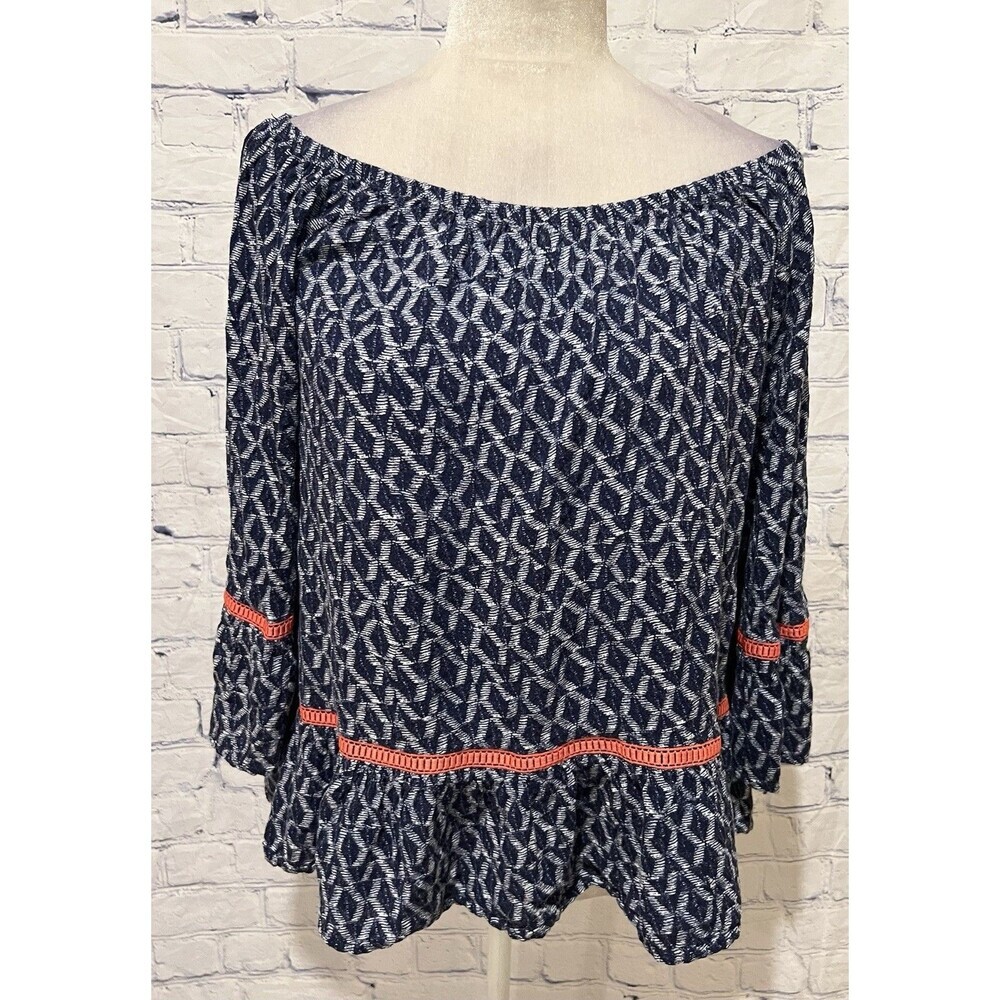 Democracy Blue & White Print Peasant Top with Orange Trim, Size Large